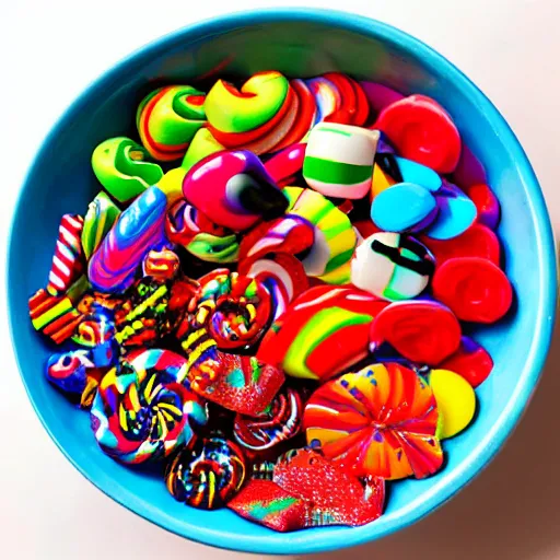 Prompt: pop art candy mix in a bowl of madness