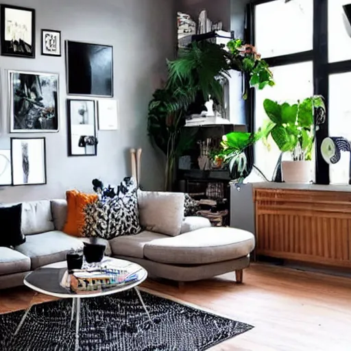 Image similar to living room interior design with style of japandi, ikea, warm wood, urban jungle plants, dark tile floor, art wall, music instruments, music records