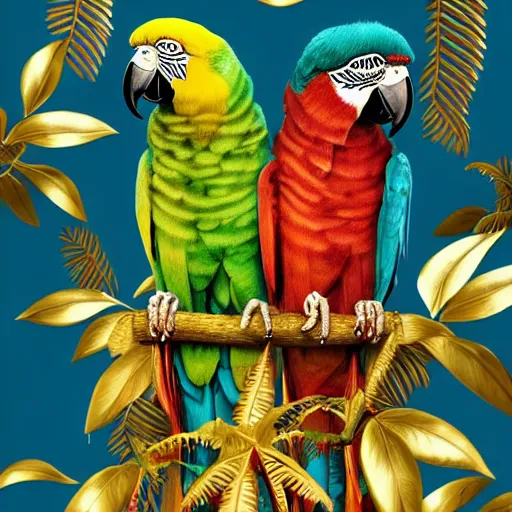 Image similar to parrots dressed in golden rings, necklaces and with caps on head, rapping and sitting on golden trees, rap scene, jungle concept art, trending on artstation, highly detailed, digital art, 8 k