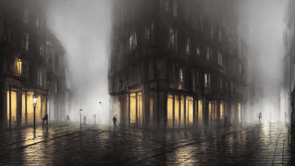 Prompt: many peoples on street of the old town with houses in the windows of which the light is on. early morning, fog on ground, wet street. mike barr painting. volumetric light, dull colors, dark, noir arthouse, 3 5 mm, hight detalied, hd, 4 k