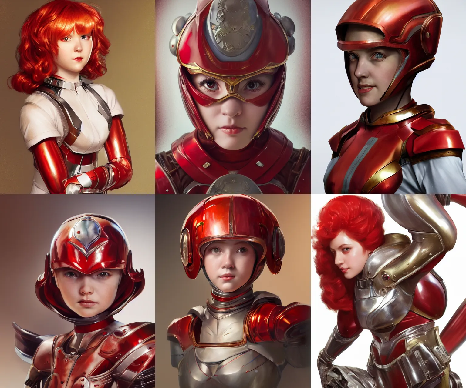 Prompt: highly detailed full body character portrait helmet magical red head girl tokusatsu suit concept painting with detailed face by j. c. leyendecker and edmund blair, octane render, 8 k, high quality, award winning masterpiece, hdr,