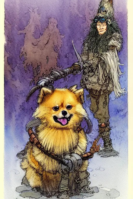 Prompt: a simple and atmospheric watercolour fantasy character concept art portrait of a robotic pomeranian as a druidic warrior wizard looking at the camera with an intelligent gaze, very muted colors, by rebecca guay, michael kaluta, charles vess and jean moebius giraud