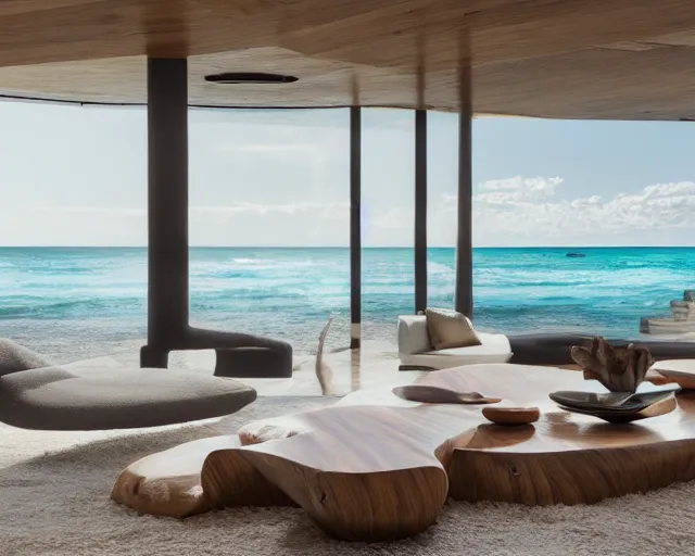 Image similar to A modern living room inspired by the ocean, a luxurious wooden coffee table with large seashells on top in the center, amazing detail, 8k resolution, calm, relaxed style, harmony, wide angle shot