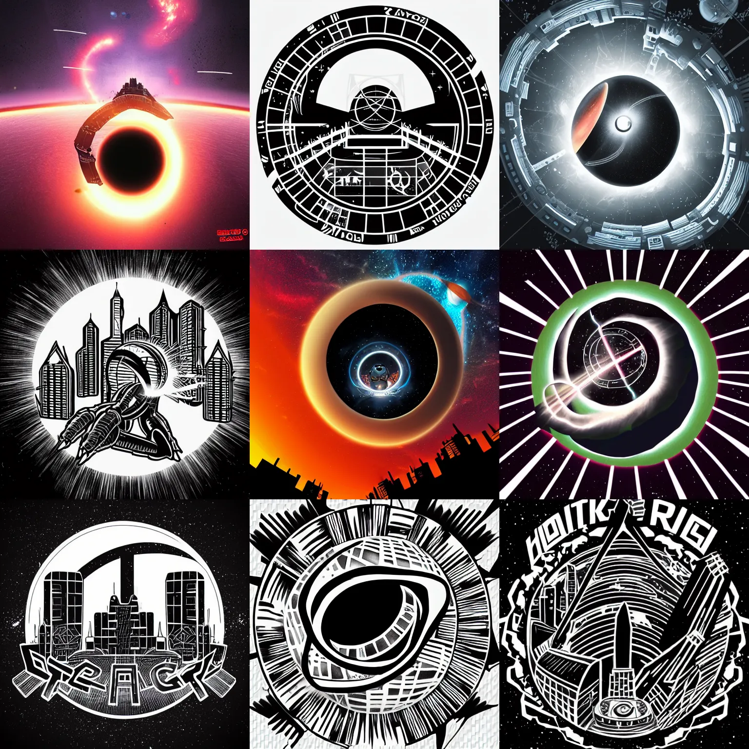 Prompt: tattoo png logo of black hole rising above city, city destroyed by shockwave, black hole with accretion disс, digital art, vector logo, sticker, black and white, art by naranbaatar ganbold, ralph mcquarrie, tyler edlin