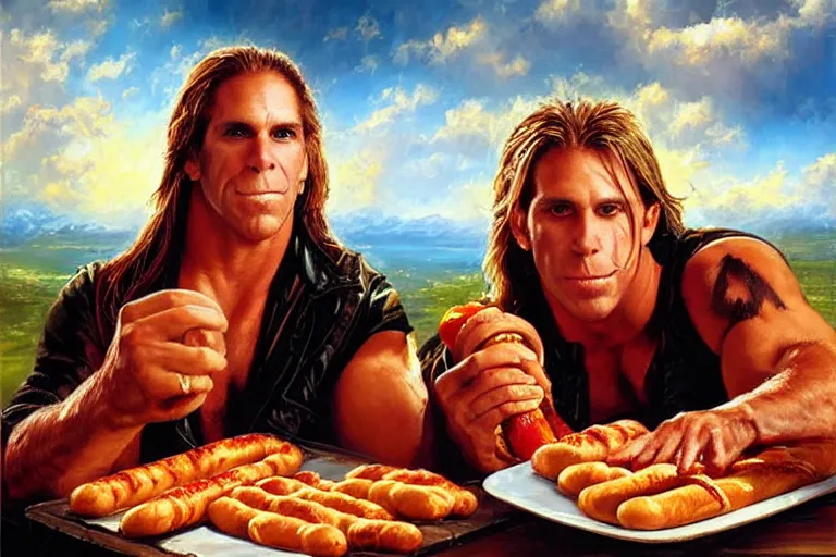 Image similar to portrait of wwf shawn michaels and queen elizabth sharing hotdogs, an oil painting by ross tran and thomas kincade