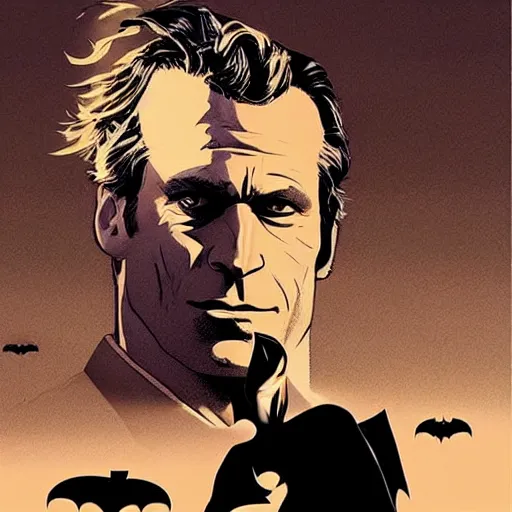 Prompt: Thomas Jane, an illustration of Bruce Wayne in his office and a silhouette of Batman in his shadows, art by Ilya Kuvshinov, highly detailed, comics, epic landscape, HD digital art, artstation