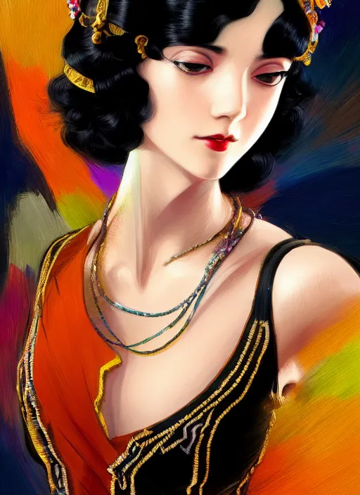 Image similar to a beautiful dancer with black hair in 1920's fashion, living room background, intricate, highly detailed, digital painting, artstation, official media, anime key visual, concept art, rich vivid colors, ambient lighting, sharp focus, illustration, art by Artgerm, Makoto Shinkai, Ilya Kuvshinov, Lois Van Baarle, and Rossdraws