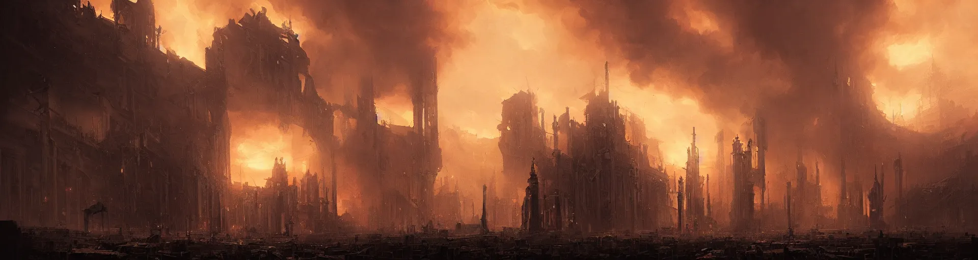 Prompt: portrait of a pipe organ surrounded by smoke, battle damage, sunset glow around the top, full portrait, intricate, dark, highly detailed, digital painting, artstation, concept art, smooth, sharp focus, illustration, art by greg rutkowski and caravaggio, background is a city in ruins, no people