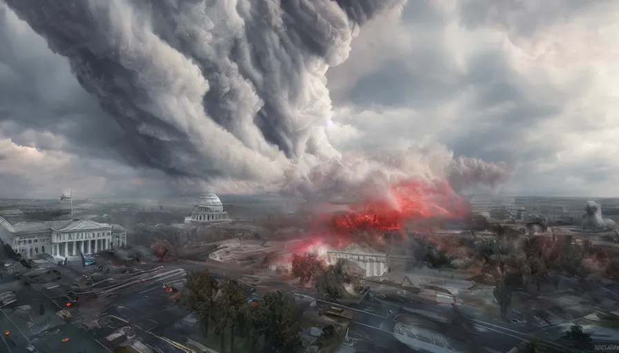 Prompt: found footage style of tornado destroying washington dc, ashes, destruction, fire, hyperdetailed, artstation, cgsociety, 8 k