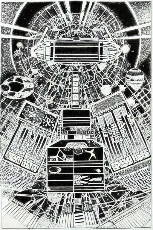 Prompt: a black and white drawing of an ancient future japanese temple international space station, bioluminescence, a detailed mixed media collage by eduardo paolozzi and ernst haeckel, intricate linework, sketchbook psychedelic doodle comic drawing, geometric, deconstructivism, matte drawing, academic art, constructivism