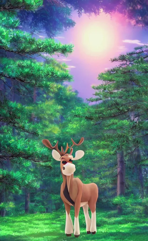 Image similar to pixar moose in japanese pines, trading card front, kimono, realistic anatomy, cosplay photo, professional, by ufotable anime studio, green screen, volumetric lights, stunning, sun in the background, generate realistic face, pretty eyes,