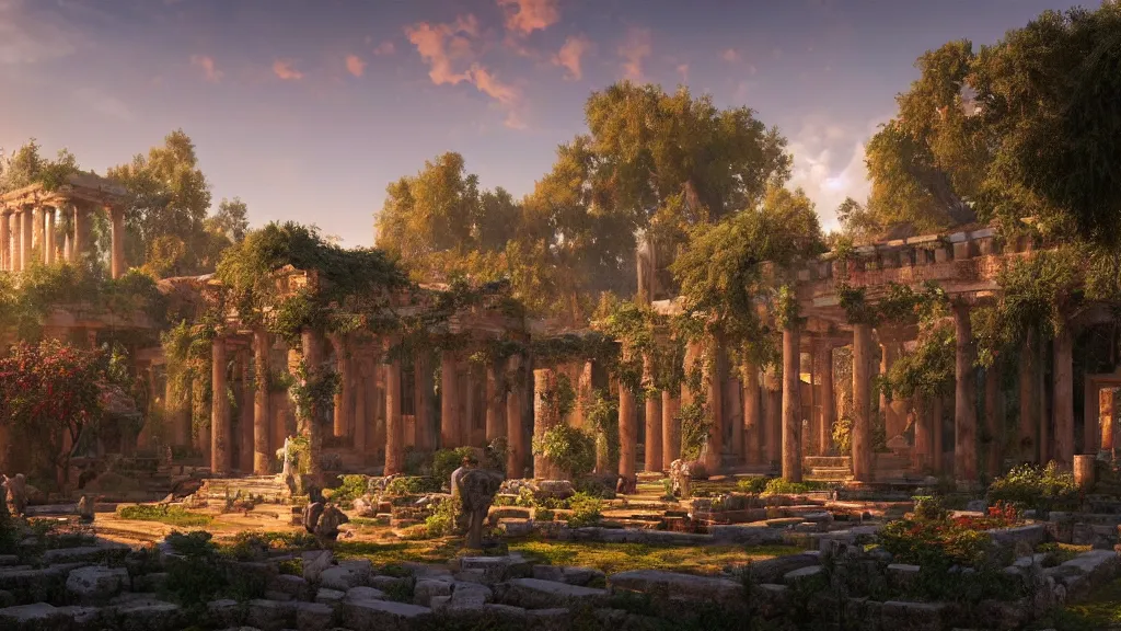 Image similar to a photorealistic hype realistic render of an interior of a beautifully decorated ancient greek garden, by pixar, greg rutkowski, wlop, artgerm, dramatic moody sunset lighting, long shadows, volumetric, cinematic atmosphere, octane render, artstation, 8 k