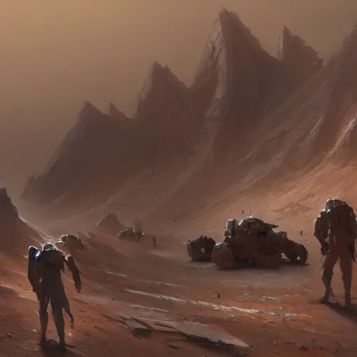 Prompt: highly detailed concept art of walking city on Mars desert trending on Artstation by Daniel Dociu and Greg Rutkowski, high quality, sci-fi, futuristic