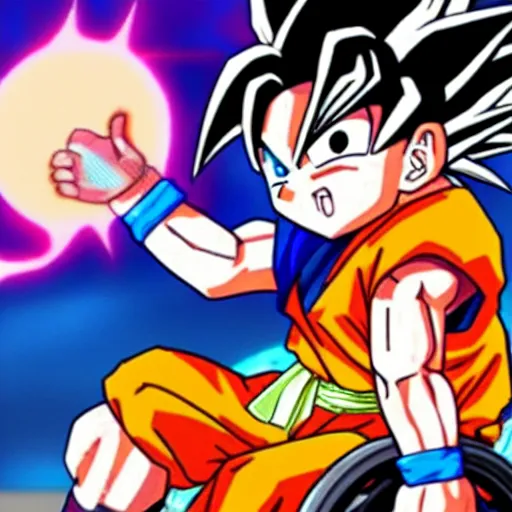 Image similar to chibi goku in a wheelchair getting hit by Gohan