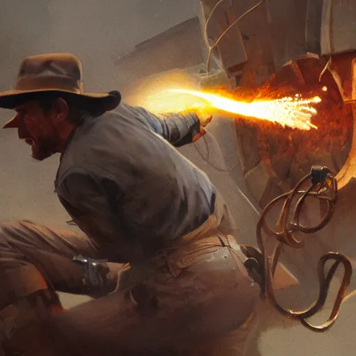 Image similar to close up indiana jones stealing a catalytic convertor, that is on a pedastal painted by greg rutkowski