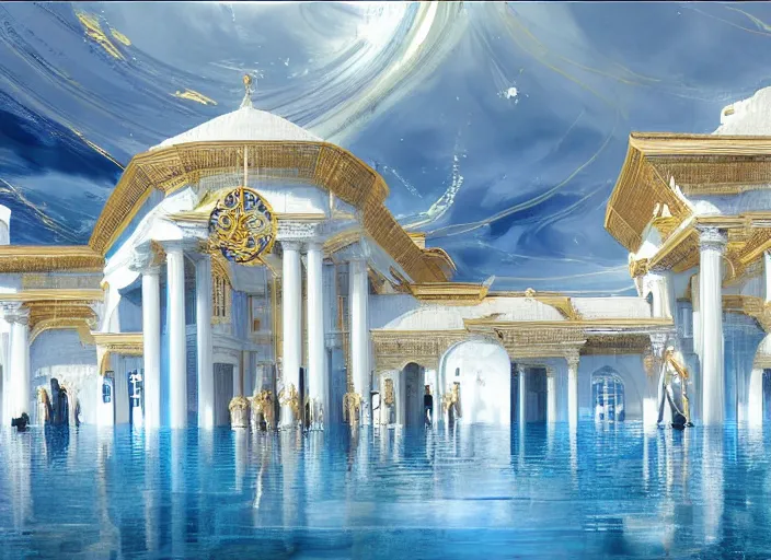 Image similar to modern chic futuristic royal blue and white house with gold intricate details at Pamukkale, thermal waters flowing down white travertine terraces, ethereal and dreamy heavenly clouds, holy, divine, heavenly kingdom, intricate, elegant, luxurious, digital painting, concept art, smooth, sharp focus, from Star Trek 2021, illustration, by WLOP and Ruan Jia and Mandy Jurgens and William-Adolphe Bouguereau, Artgerm