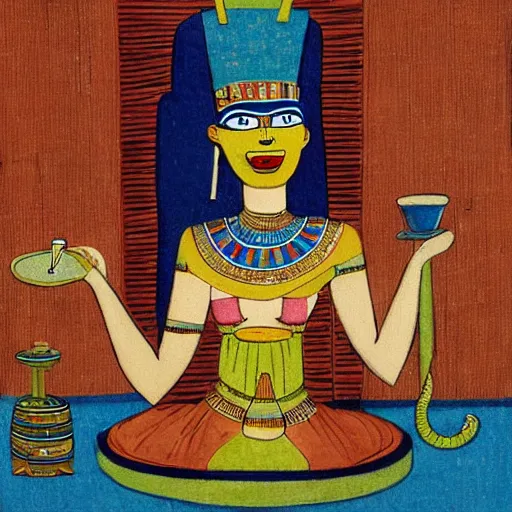 Prompt: anthropomorphic crocodile goddess in traditional Egyptian garb drinking tea in an abandoned Victorian parlor