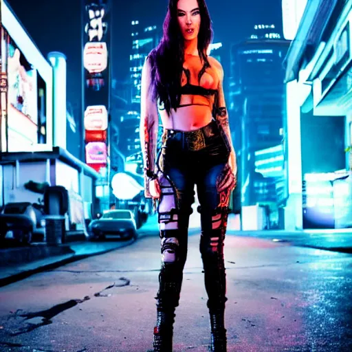 Prompt: cyberpunk megan fox, standing on a cyberpunk street at night, streets are lit with neon lights, portrait, cinematic