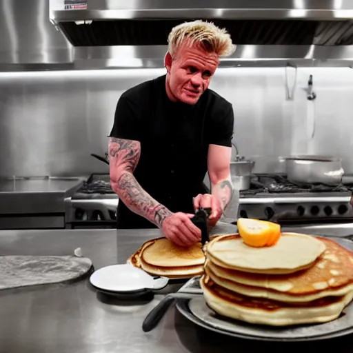 Prompt: Gordon Ramsay cooking pancakes with Jesse from Breaking Bad, 40nm, shallow depth of field, split lighting, 4k,