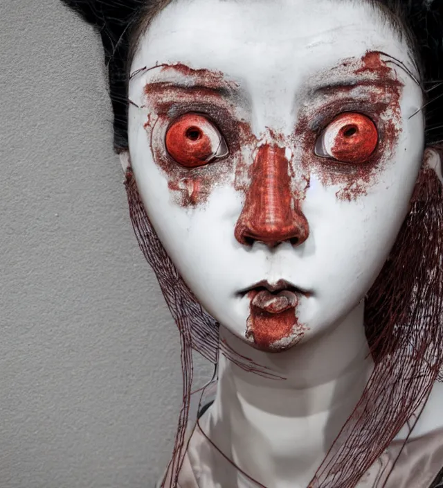 Image similar to portrait of a slightly rusty, beaten - up japanese robotic geisha with wires and actuators, porcelain white face, dramatic lighting, hyper - realistic, ultra - realistic, intricate details, 8 k ultra high definition, digital art