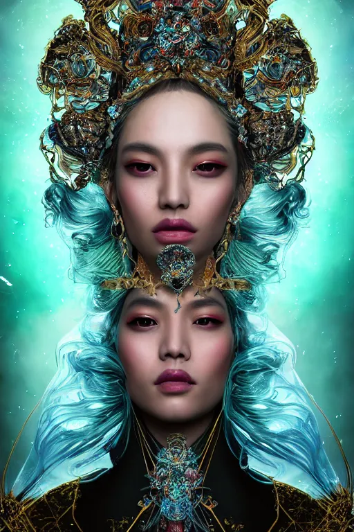 Image similar to a beautiful empress portrait, with a brilliant, impossible striking big cosmic galaxy headpiece, clothes entirely made out of cosmos chaos energy, symmetrical, dramatic studio lighting, rococo, baroque, jewels, asian, hyperrealism, closeup, D&D, fantasy, intricate, elegant, highly detailed, digital painting, artstation, octane render, 8k, concept art, matte, sharp focus, illustration, art by Artgerm and Greg Rutkowski and Alphonse Mucha