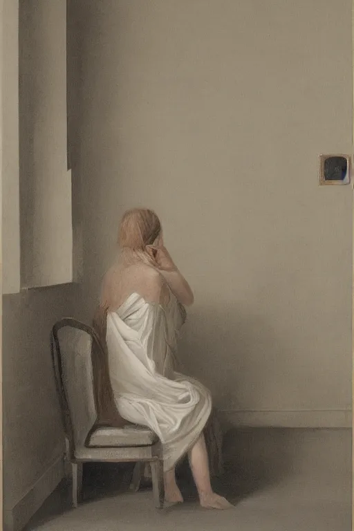 Prompt: long view, of woman sits in corner of empty room and look in the corner, back view, in style of classicism