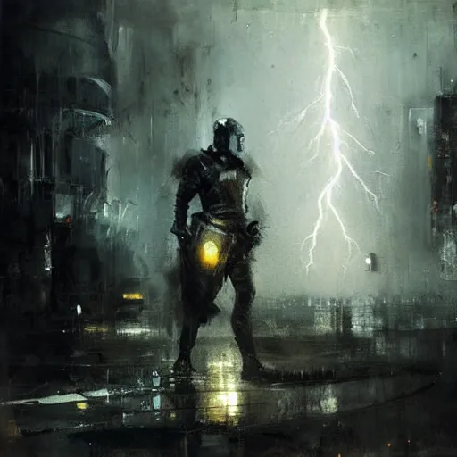 Image similar to knight holds lightning in his hand bolts of lighting everywhere, realistic, ultrahd, jeremy mann painting