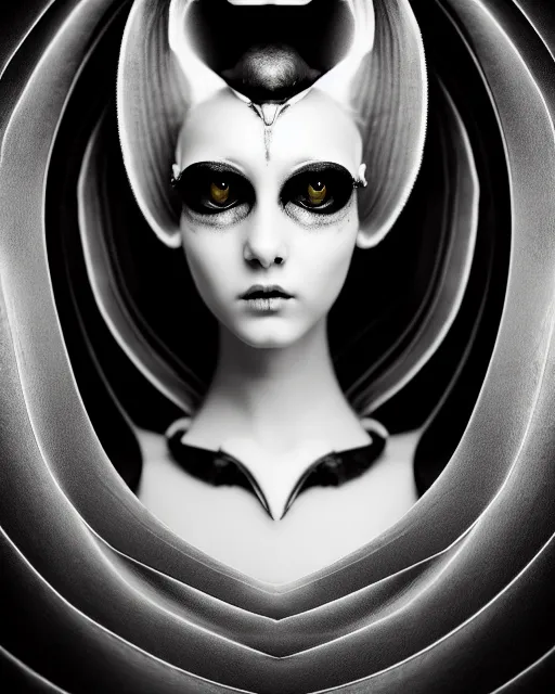 Image similar to surreal mythical dreamy dark artistic black and white fine art 3 / 4 fashion portrait photo of a young beautiful delicate female robot - owl with orchid - doll face, rim light, cinematic, studio dramatic light, poetic, masterpiece, octane render, 8 k, photo - realistic by gustave dore hg giger and man ray