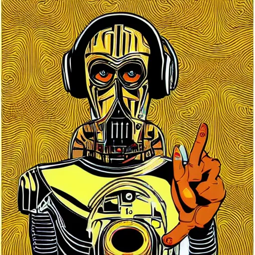 Image similar to artgerm, psychedelic laughing c 3 p 0, rocking out, headphones dj rave, digital artwork, r. crumb, svg vector