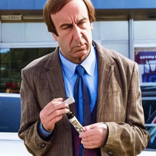 Prompt: saul goodman smoking in front of a gas station