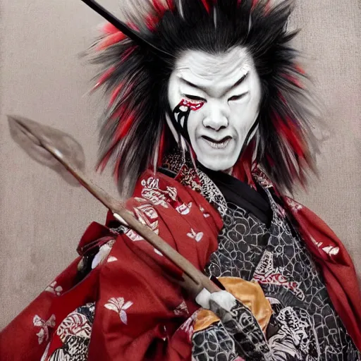 Image similar to an epic portrait of insane kabuki male wielding a spear covered in a distorting aura, intricate hakama, poofy red wig, eerie, highly detailed, dark fantasy, art by artgerm and greg rutkowski