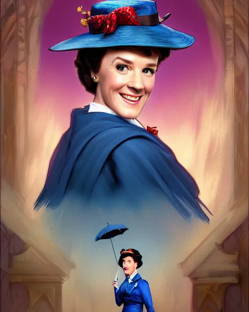 Prompt: Julie Andrews as Mary Poppins smiling and looking to the side, D&D, fantasy, intricate, elegant, highly detailed, digital painting, artstation, concept art, matte, sharp focus, illustration, hearthstone, art by Artgerm and Greg Rutkowski and Alphonse Mucha