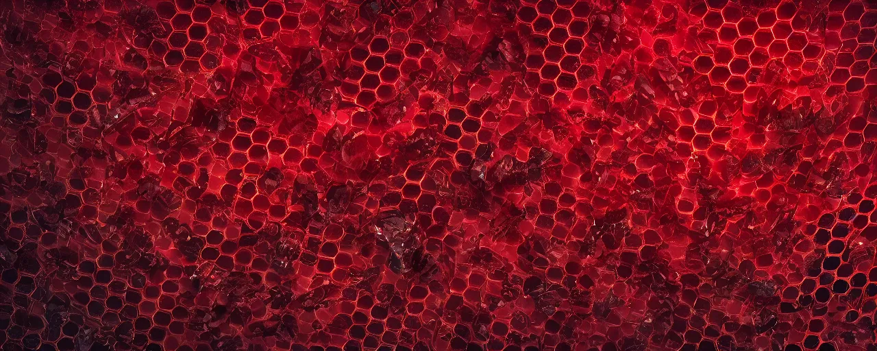 Image similar to crimson - black honeycomb dripping honey, photorealistic, octane render, rtx, hdr, unreal engine, digital art