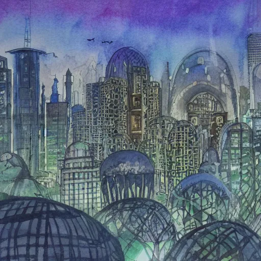 Prompt: a solarpunk domed city, watercolour