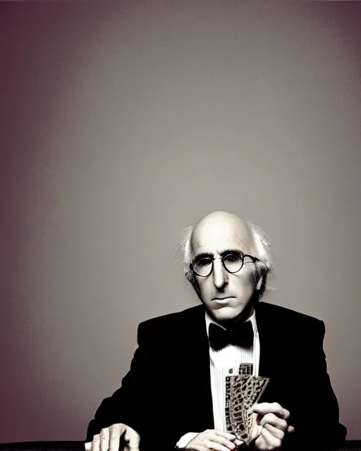 Prompt: award winning photo of larry david playing poker, symmetrical face, beautiful eyes, studio lighting, wide shot art by Sally Mann & Arnold Newman