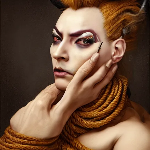 Image similar to portrait of a Shibari rope wrapped face and neck, headshot, insanely nice professional hair style, dramatic hair color, digital painting, of a old 15th century, old cyborg merchant, amber jewels, baroque, ornate clothing, scifi, realistic, hyperdetailed, chiaroscuro, concept art, art by Franz Hals and Jon Foster and Ayami Kojima and Amano and Karol Bak,