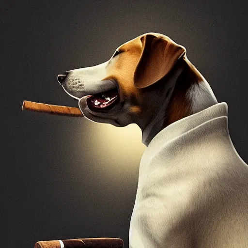 Image similar to a dog wearing smoking a cigar, dramatic lighting, cinematic, establishing shot, extremly high detail, photorealistic, cinematic lighting, concept art, artstation, style by greg rutkowsky