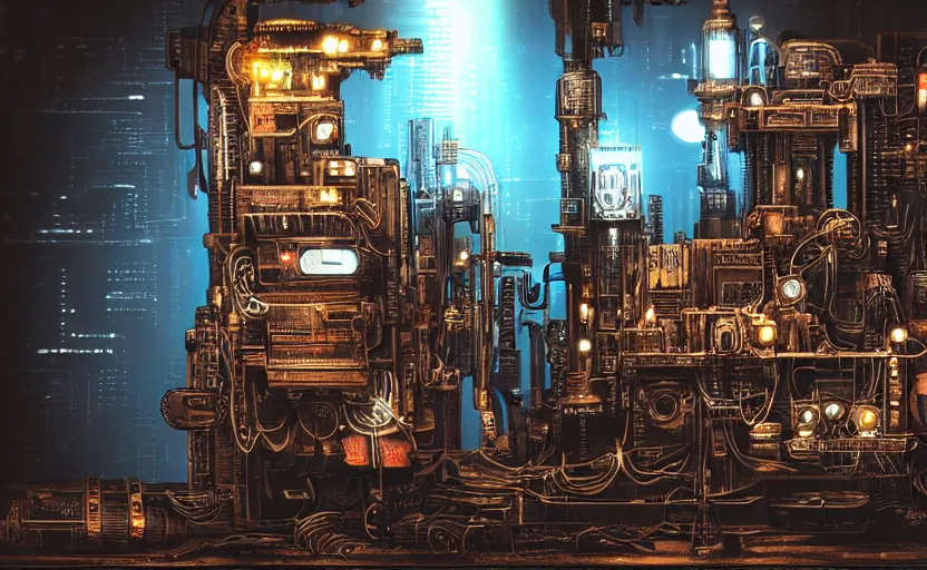 Image similar to technological drilling machine, extremely detailed cyberpunk ( steampunk ), small neon keyboard, realistic shaded,