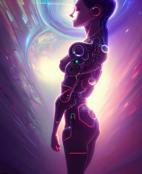 Image similar to a whirlwind of souls rushing inside the metaverse, hologram, half body, neurochip, shaved temple, piercing, jewelry, android, cyborg, cyberpunk face, by loish, d & d, fantasy, intricate, elegant, highly detailed, colorful, digital painting, artstation, concept art, art by artgerm and greg rutkowski and alphonse mucha