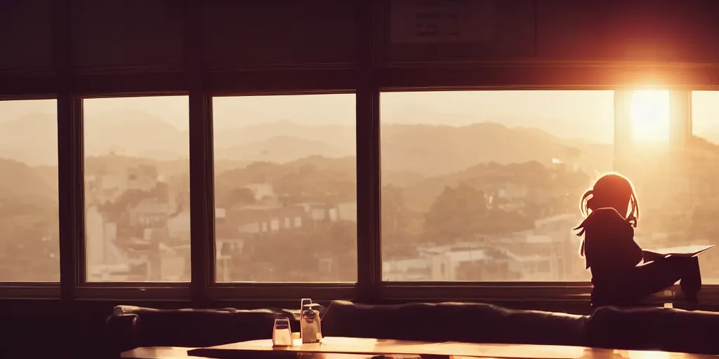 Image similar to Girl reading in a window seat in a coffee shop at sunset cinematic lighting, style by Makoto Shinkai