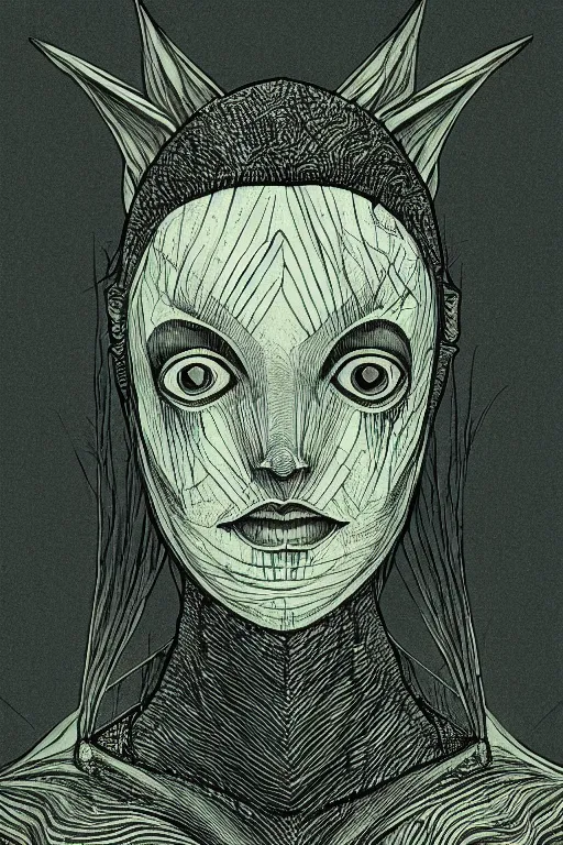 Prompt: portrait of triangular mothfolk woman head and shoulders, in the style of Greg Broadmore and junji ito and Arthur Rackham and Moebius, trending on artstation, light lighting side view,digital art,surrealism ,macro,blueprint ,vaporwave ,