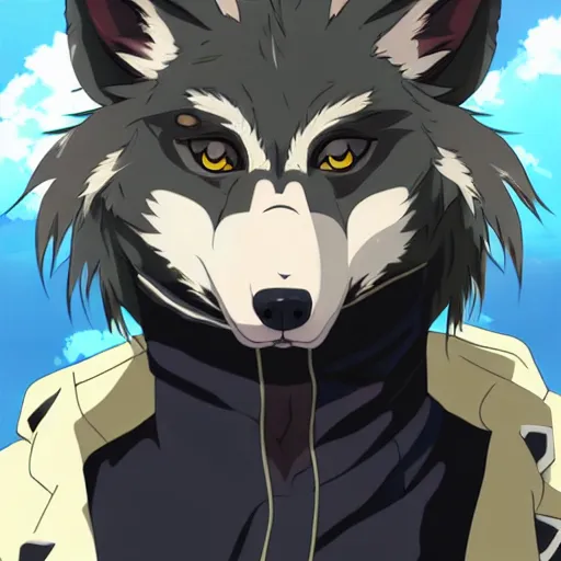 Image similar to key anime visual portrait of an anthropomorphic anthro wolf fursona, in a jacket, with handsome eyes, official modern anime art