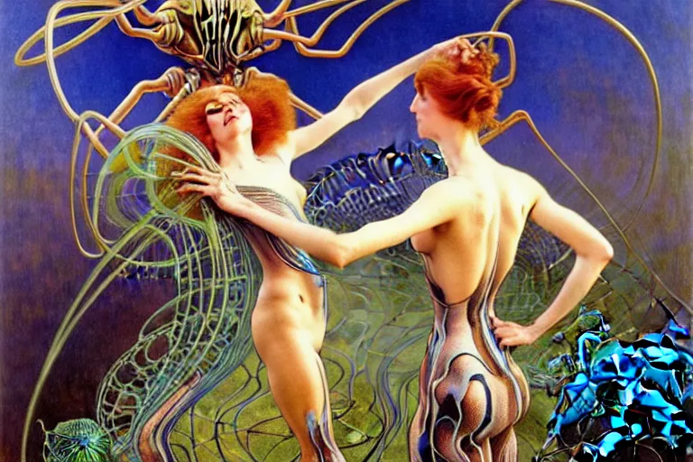 Image similar to realistic extremely detailed portrait painting of a fully dressed woman with a giant spider, futuristic sci-fi landscape on background by Jean Delville, Amano, Yves Tanguy, Alphonse Mucha, Ernst Haeckel, Edward Robert Hughes, Rolf Armstrong, rich moody colours, blue eyes