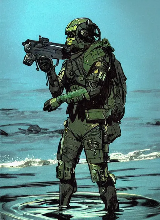 Image similar to Hector. USN blackops operator emerging from water at the shoreline. Operator wearing Futuristic wetsuit and looking at an abandoned shipyard. Frogtrooper. rb6s, MGS, and splinter cell Concept art by James Gurney, Alphonso Mucha. Vivid color scheme.