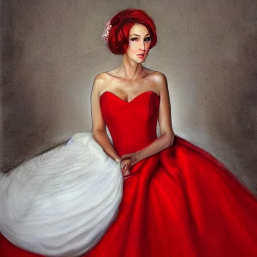 Prompt: Hyper realistic portrait of a woman wearing a bride style red dress