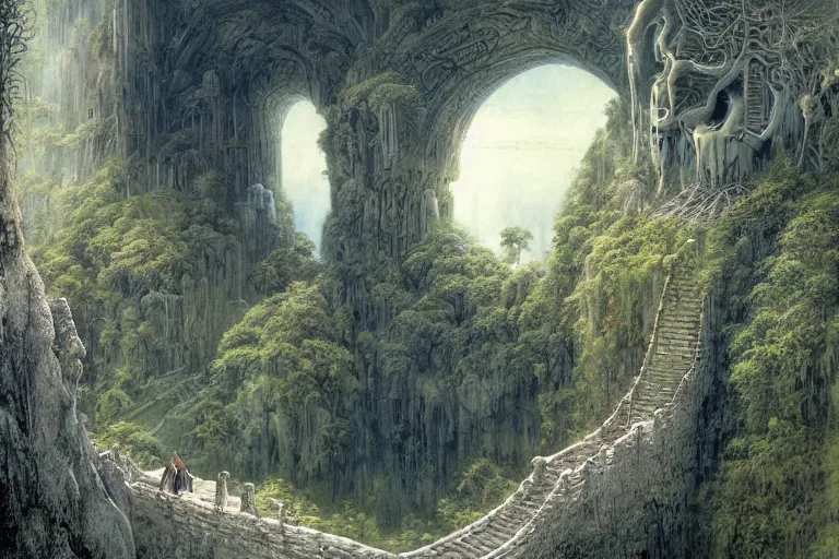 Image similar to Himeji Rivendell overlooks the Garden of Eden, amazing concept painting, fantasy landscape, castle, valley, waterfalls, trees, by Jessica Rossier by HR giger by Beksinski, by brian Froud