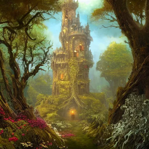 Prompt: A beautiful digital painting of a fantasy castle tower standing alone in the wood covered in flowers, mushrooms and moss with a door and windows and a front path and garden in the shire by Stanley Artgerm Lau, frank frazetta, Rossdraws, James Jean, gerald brom, Andrei Riabovitchev, Marc Simonetti, and Sakimichan, trending on artstation, SFW version