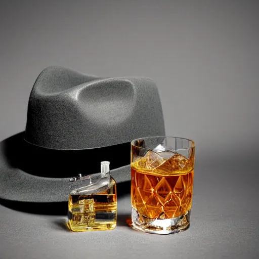 Prompt: a photo of a gray fedora with black hat band, a toy retro sci-fi ray gun, a rocks glass containing some whiskey, a bottle of bourbon on its side, spilling liquid on an old desk.