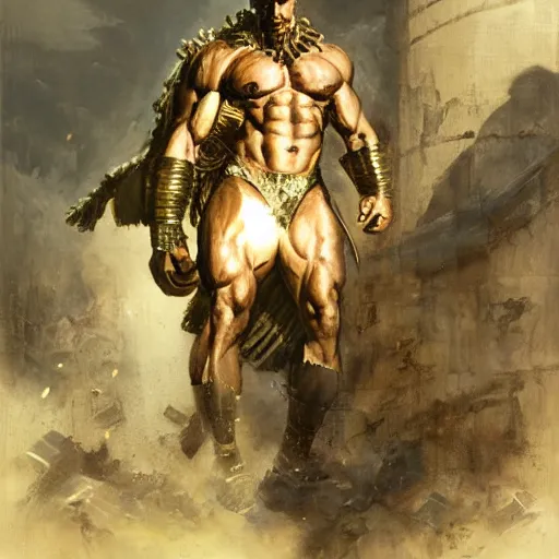 Image similar to handsome portrait of a spartan guy bodybuilder posing, radiant light, caustics, war hero, metal gear, steel bull run, by gaston bussiere, bayard wu, greg rutkowski, giger, maxim verehin