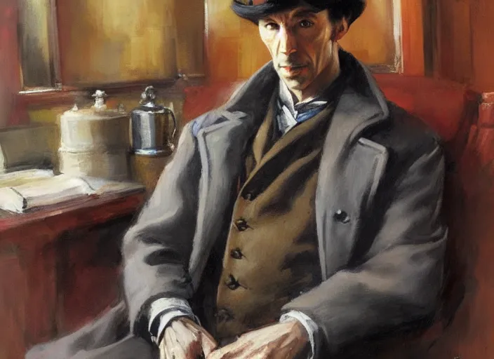 Prompt: a highly detailed beautiful portrait of sherlock holmes, by gregory manchess, james gurney, james jean
